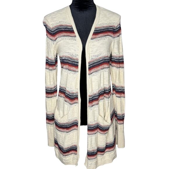 EDDIE BAUER Cream Red Blue Stripe Cotton Long Cardigan Boho Sweater sz Medium - Picture 2 of 7